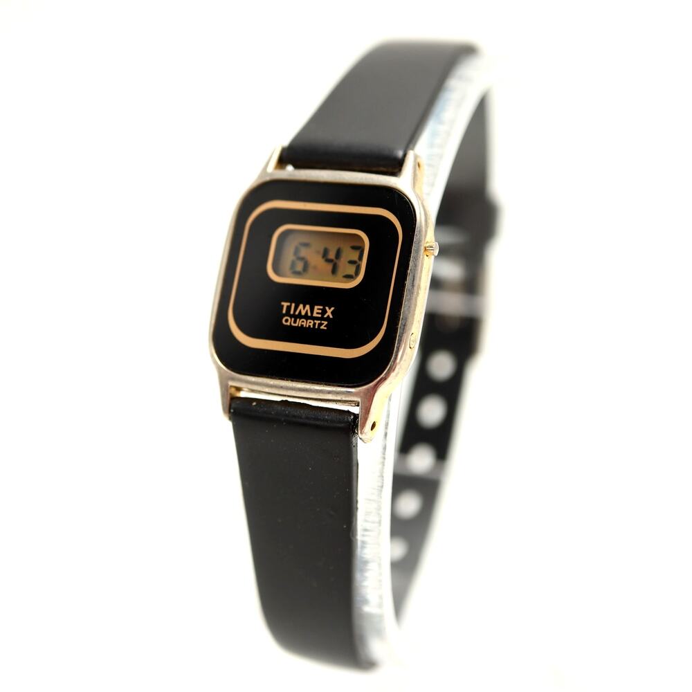 Vintage Timex T Cell 20mm Digital Womens Watch Black Gold Tone w New Battery